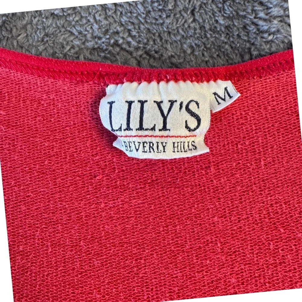 Vintage Lily's Beverly Hills Top Medium Red Black Stripe Chevron 90s V-Neck - Picture 2 of 6